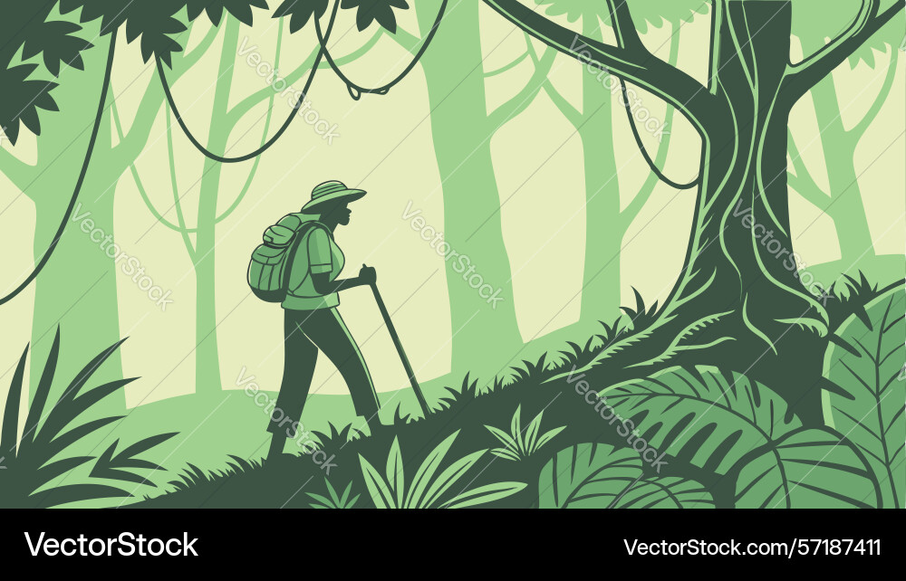 Forest journey hiker navigating ancient trees vector image
