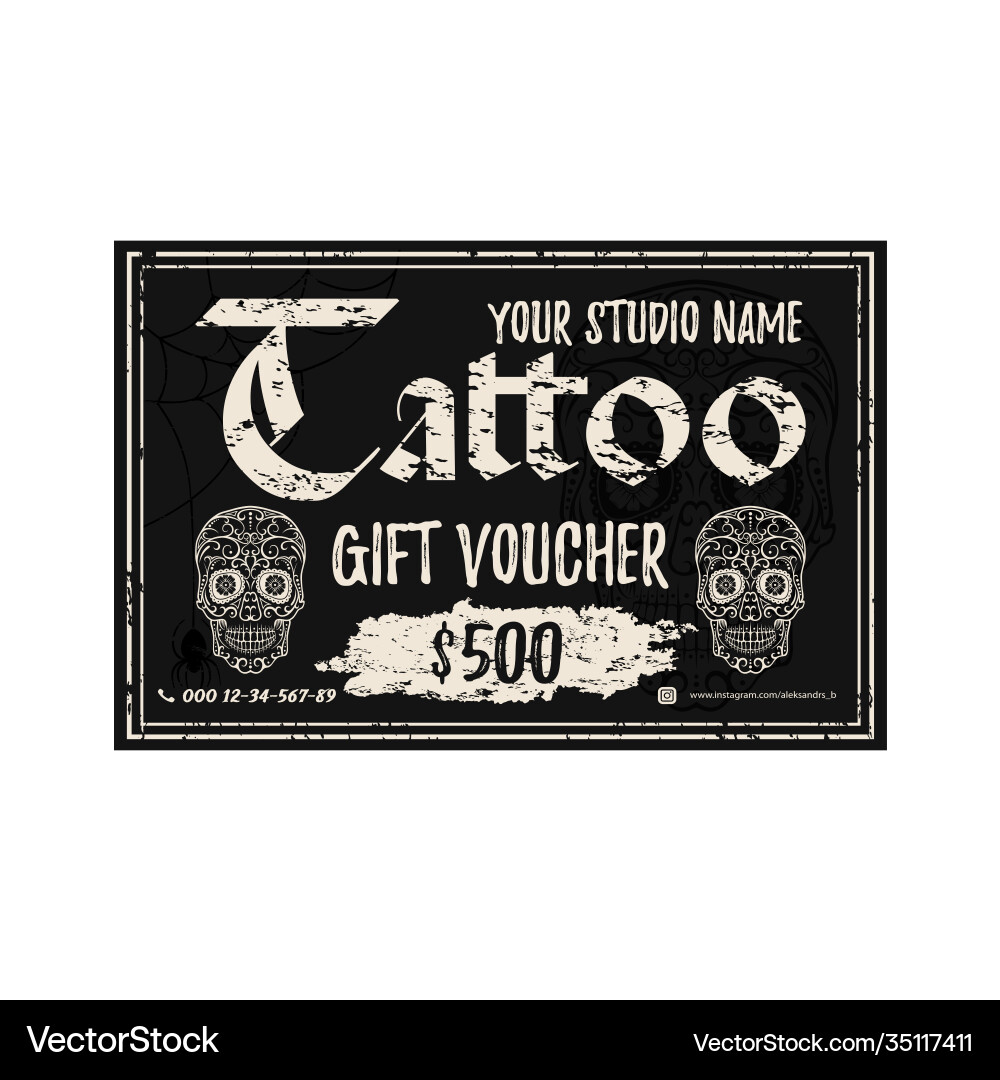 Vintage tattoo gift voucher template black grunge Vintage tattoo gift voucher template black grunge vector image