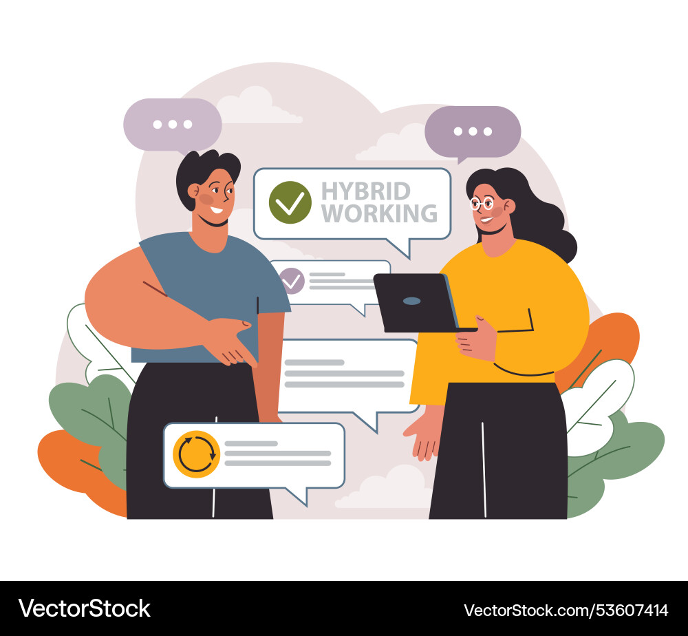 Hybrid work characters with a flexible schedule Hybrid work characters with a flexible schedule vector image