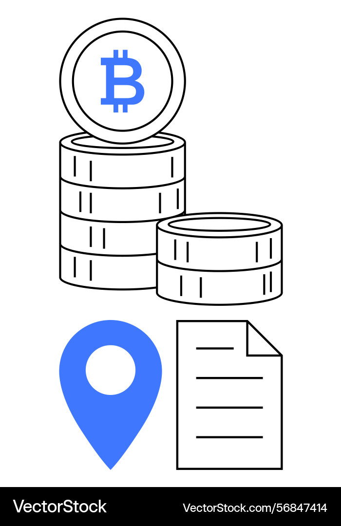 Stack of bitcoin coins with location marker Stack of bitcoin coins with location marker vector image