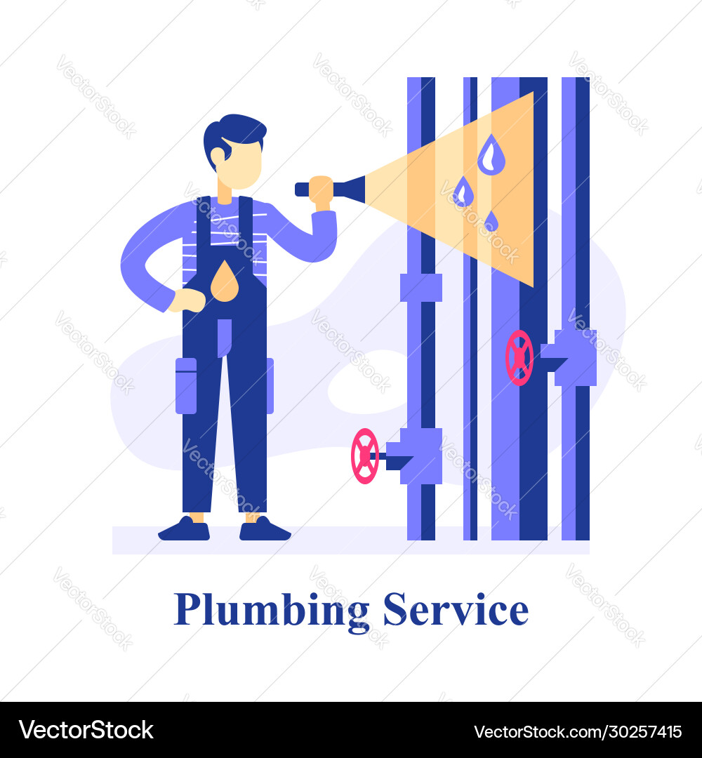 Plumber inspecting pipes finding problem Vector Image