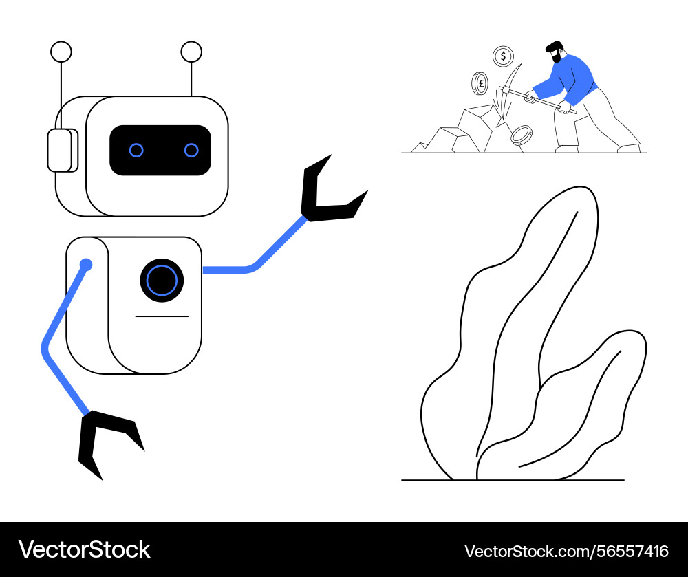 Ai robot with a worker mining data and abstract vector image