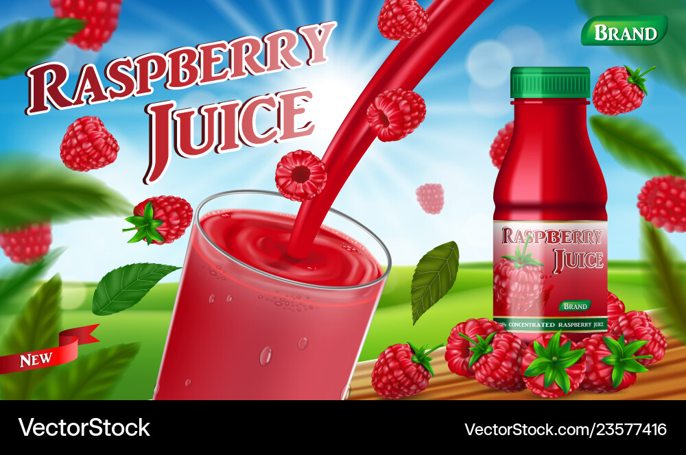 Raspberry juice bottle with splash on wooden table Raspberry juice bottle with splash on wooden table vector image