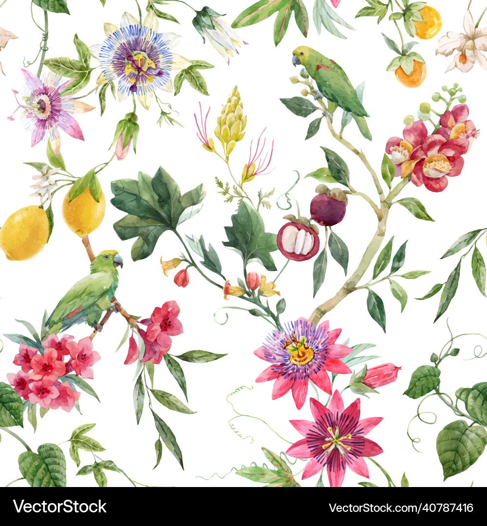 Tropical Floral Pattern - Watercolor Vector Image