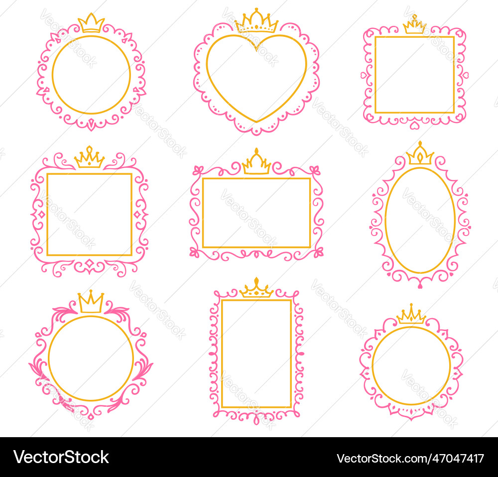 Princess frames and mirrors with doodle crown Princess frames and mirrors with doodle crown vector image