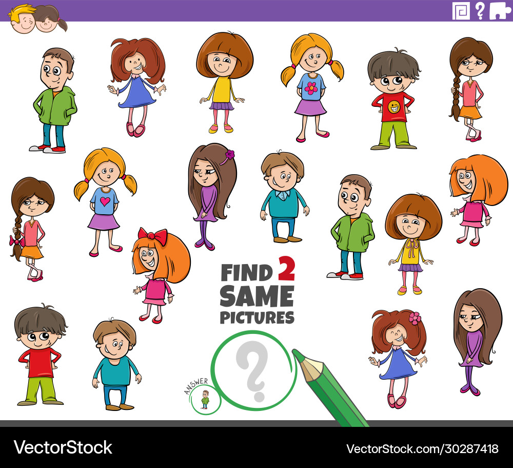 Find two same kid characters task Find two same kid characters task vector image