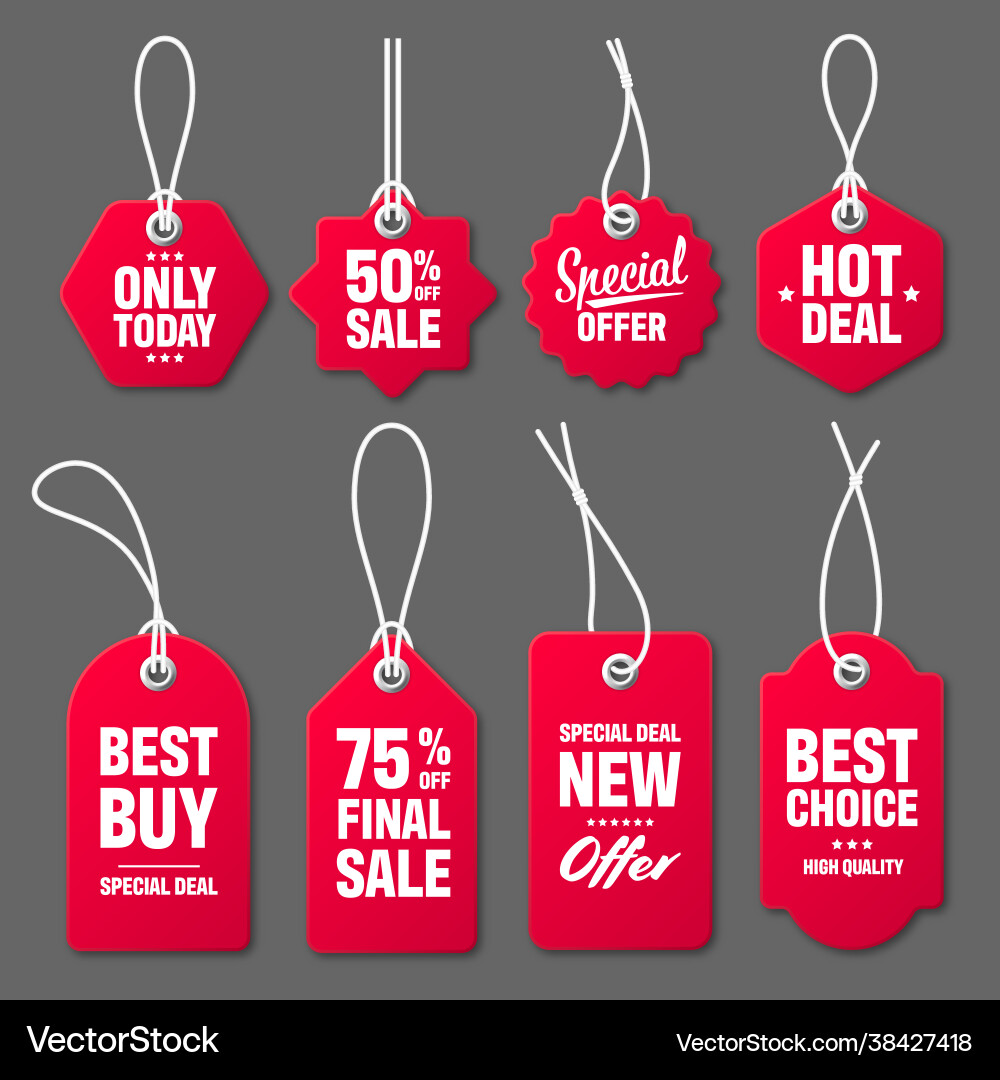 Realistic red price tags with white string on gray Realistic red price tags with white string on gray vector image