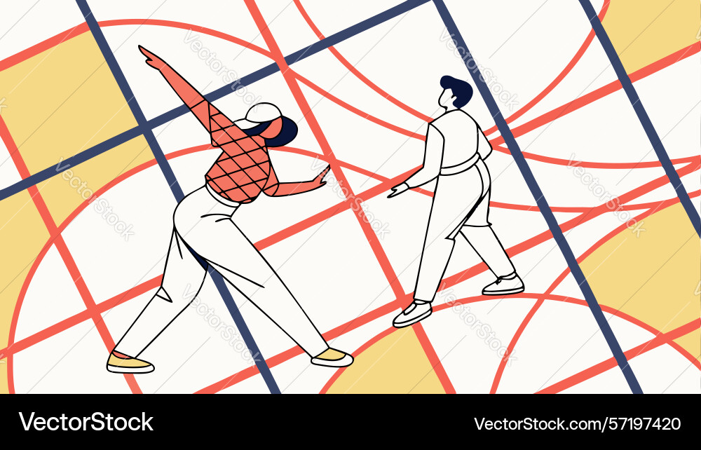 Two men working on intersecting geometric paths Vector Image