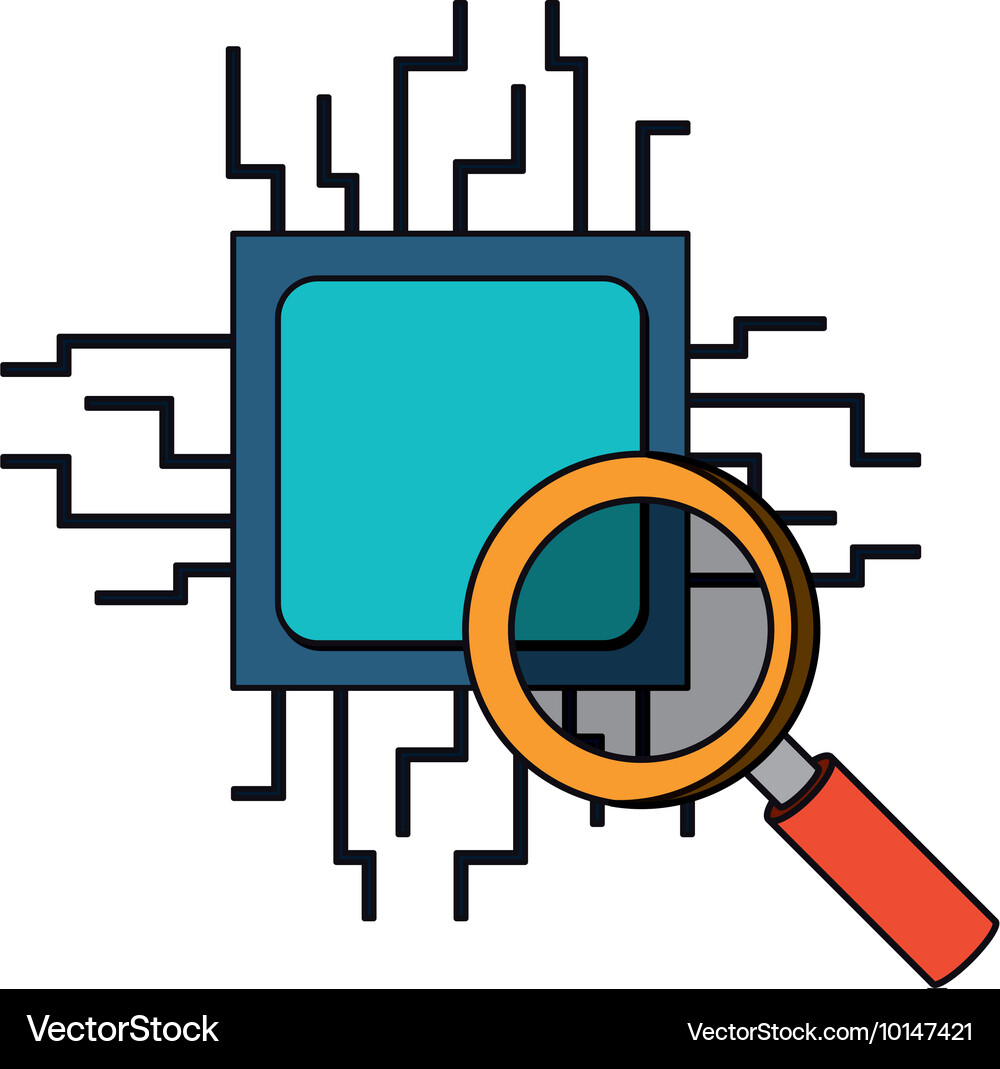 Computer processor with magnifying glass isolated Vector Image
