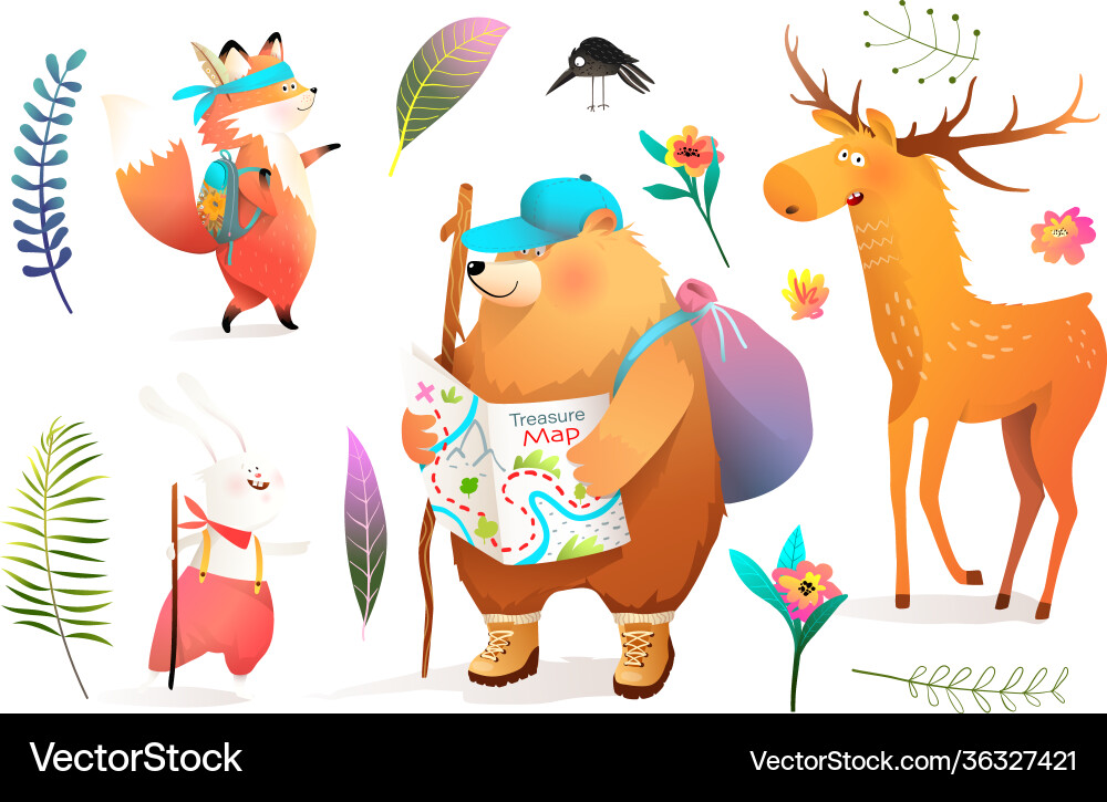 Forest animals hiking and backpacking adventures vector image