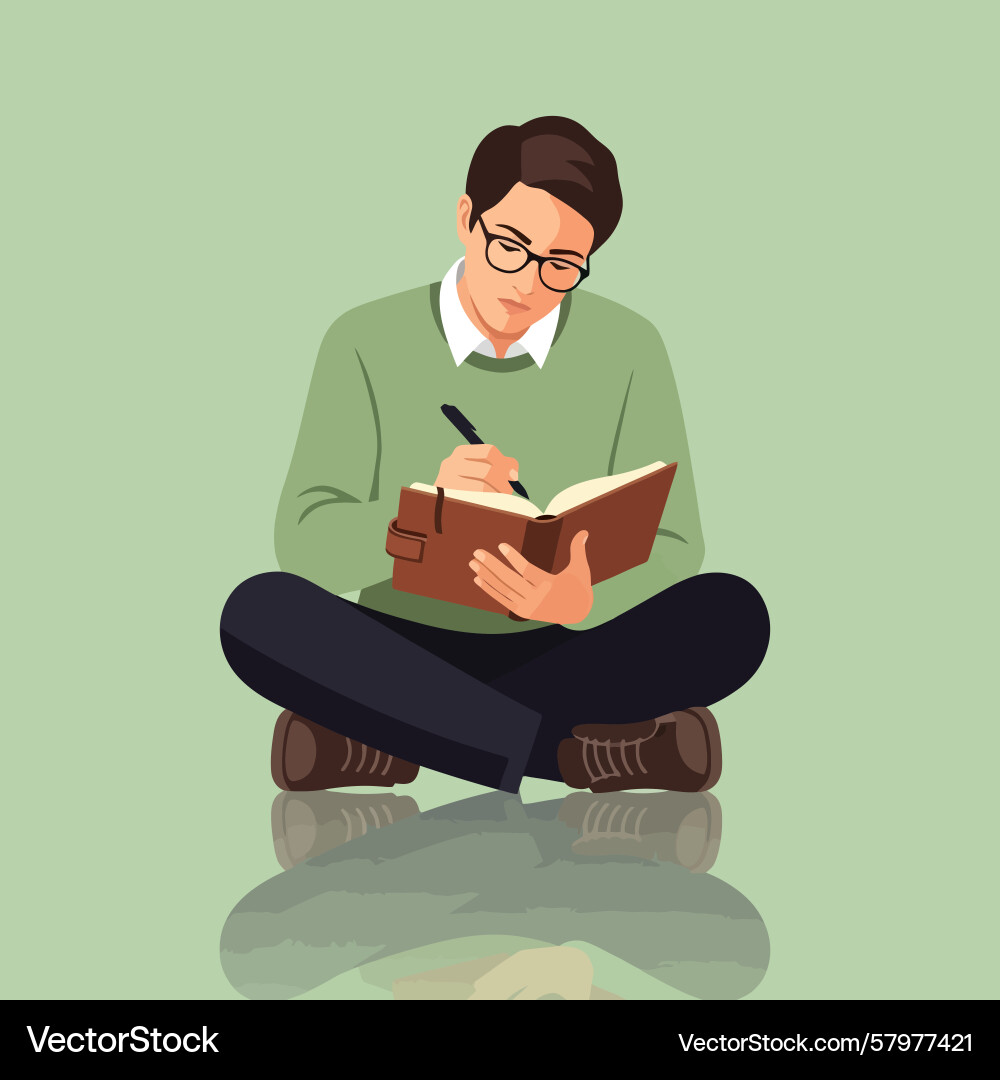 Man writing in notebook sitting cross-legged Man writing in notebook sitting cross-legged Vector Image