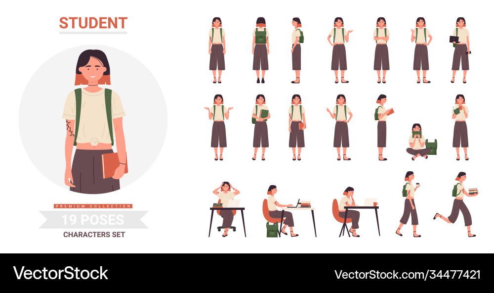Student woman poses set cartoon female teen Student woman poses set cartoon female teen vector image