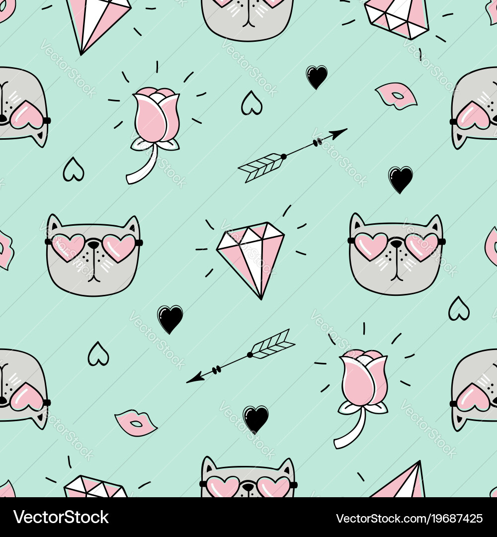 Cute Cat Heart Seamless Pattern Vector Image