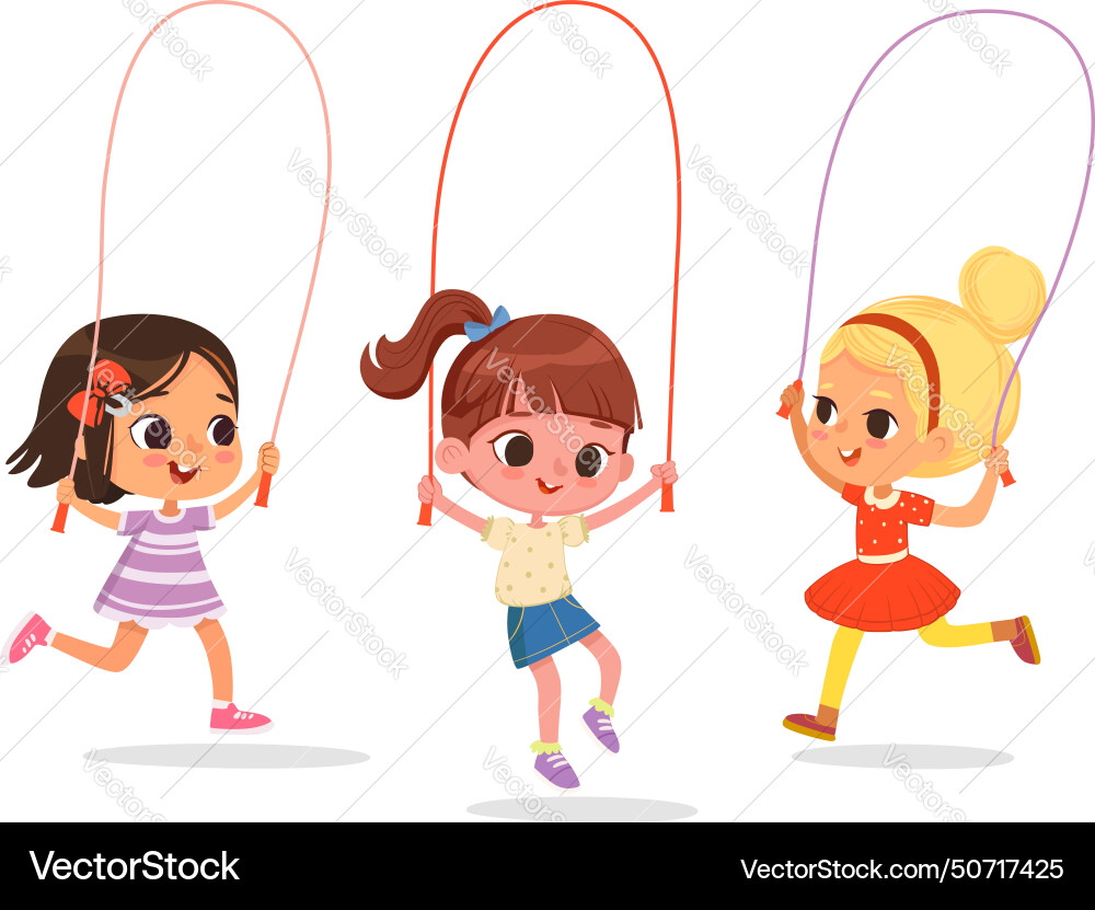 Happy cute kids girls play jump rope vector image