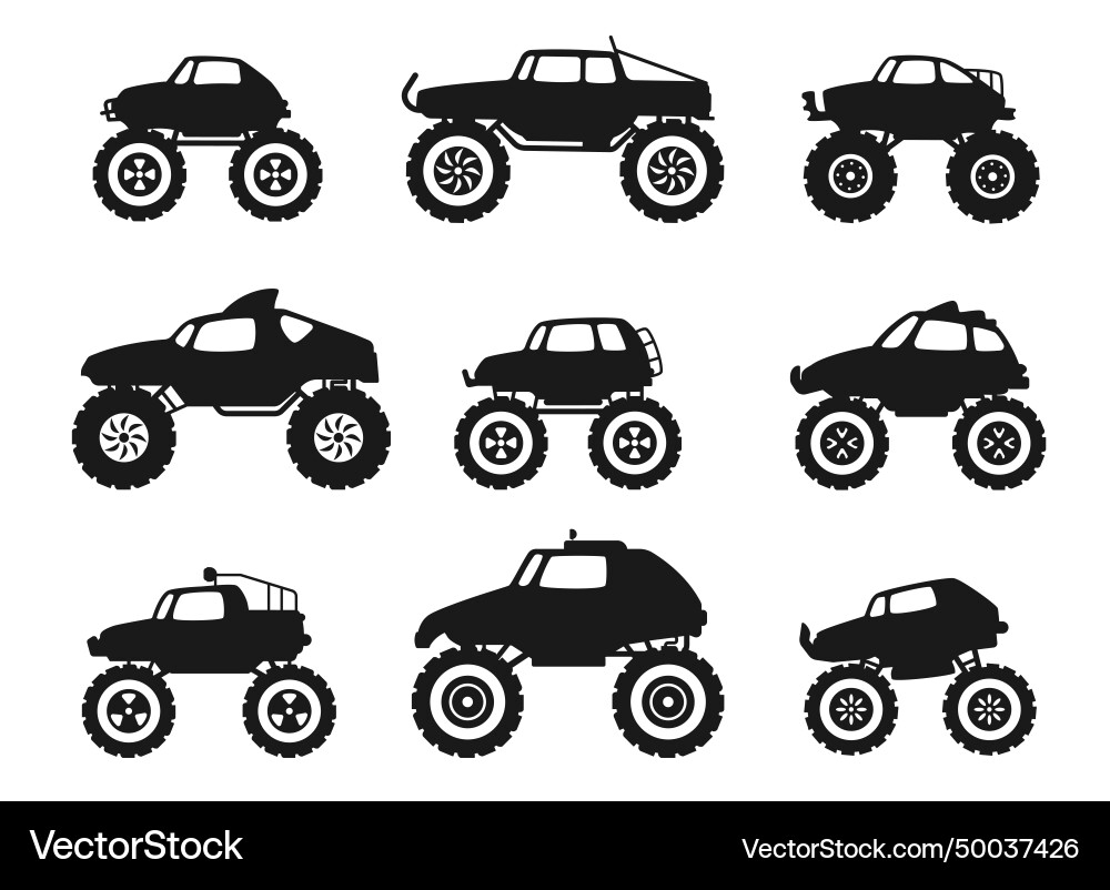 Black monster truck icons diesel 4x4 off road Black monster truck icons diesel 4x4 off road vector image