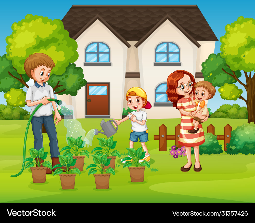 Family member cartoon character in garden Family member cartoon character in garden vector image
