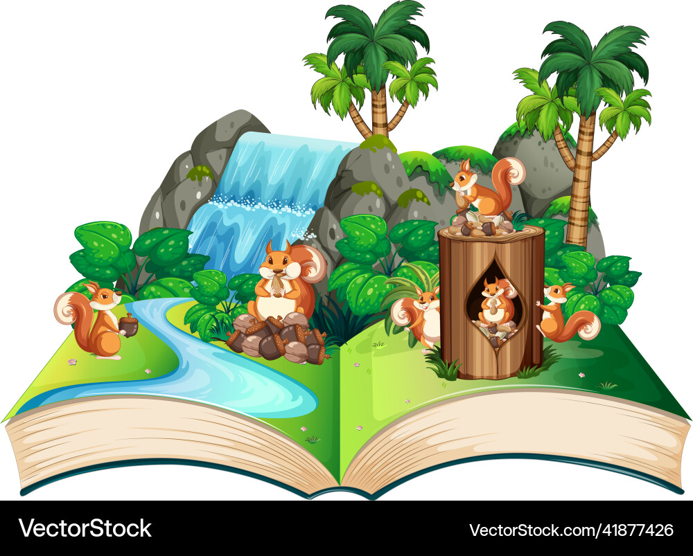 Nature scene with squirrels by waterfall Vector Image