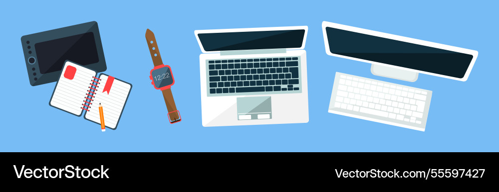 Office object and business workflow items on blue Office object and business workflow items on blue vector image