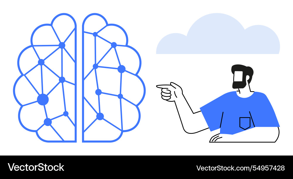 Man pointing to neural network brain and cloud Man pointing to neural network brain and cloud vector image