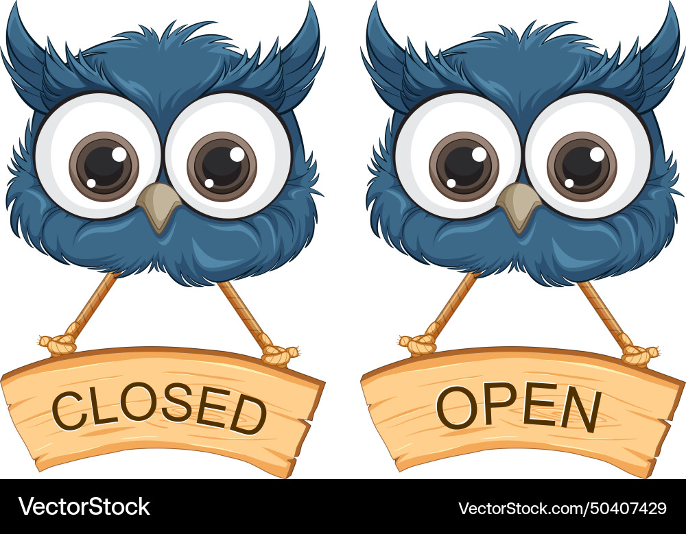 Two owls with signs showing open and closed status Two owls with signs showing open and closed status vector image