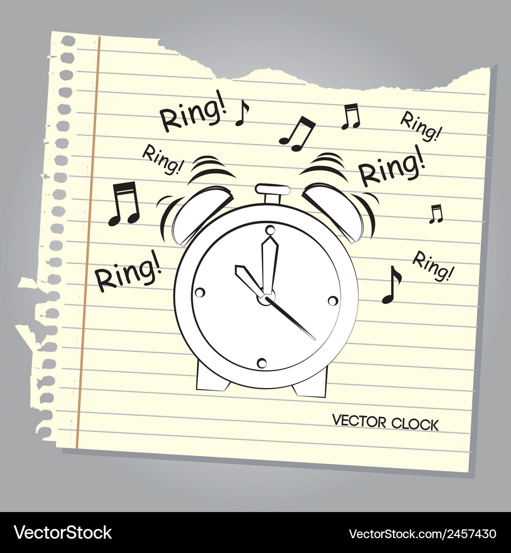 Alarm clock over leaf notebook background Vector Image