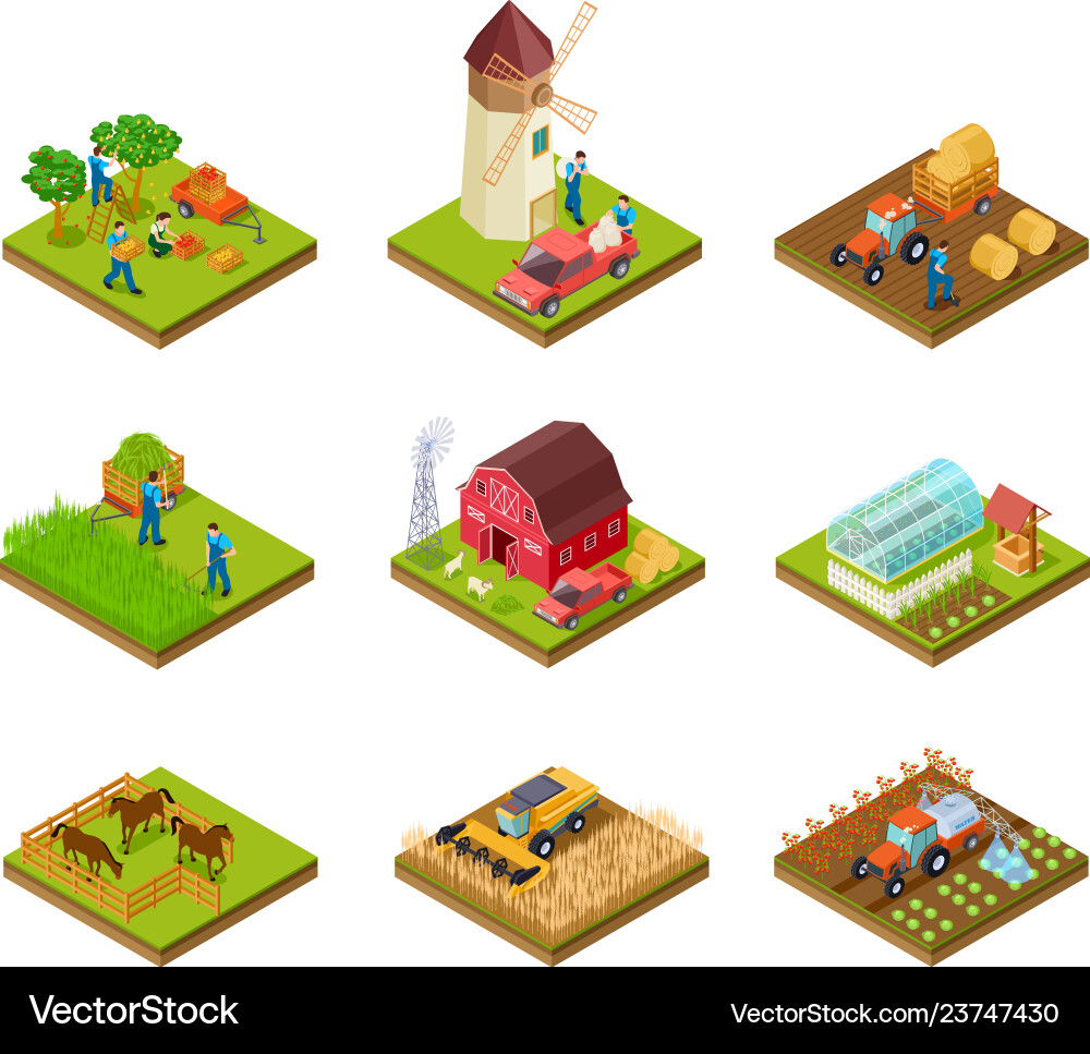 Isometric farm farmer tractor lorry and harvester Isometric farm farmer tractor lorry and harvester vector image