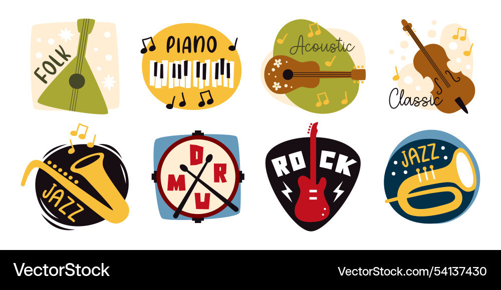 Music logo set with instruments for piano rock Music logo set with instruments for piano rock vector image