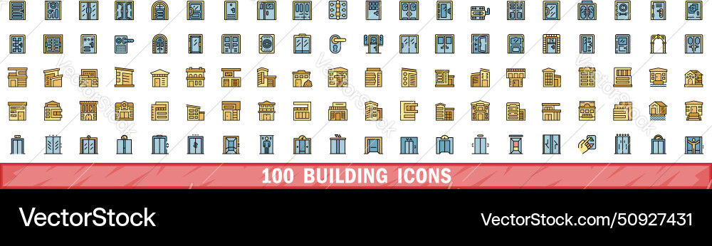 100 building icons set color line style vector image