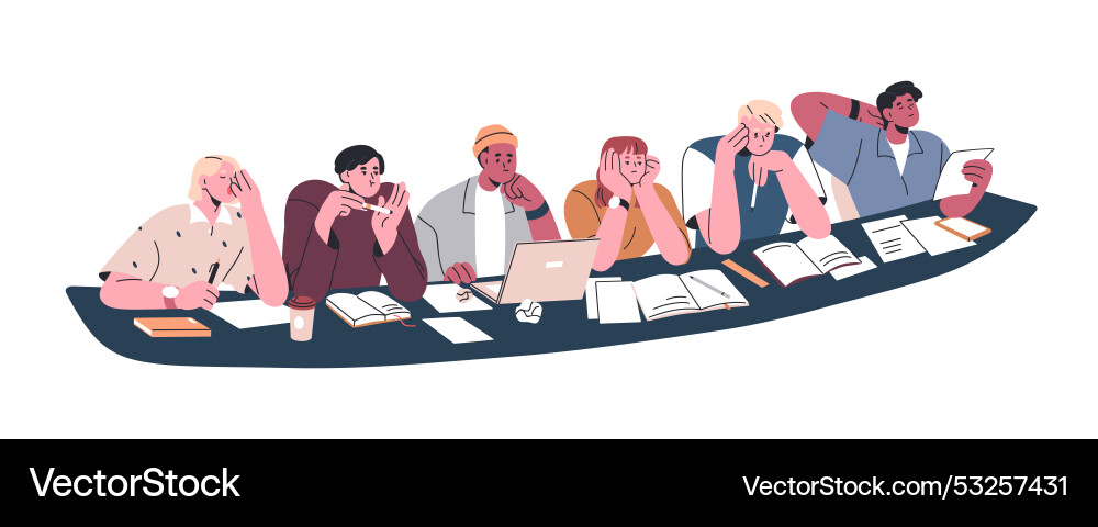 Bored tired lazy students sitting at table Bored tired lazy students sitting at table vector image