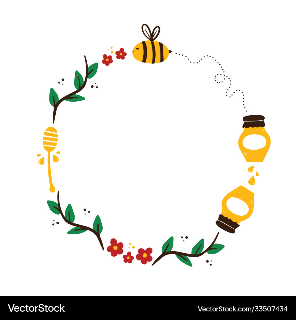 Floral runder Rahmen mit Honigbiene und Dekor Floral runder Rahmen mit Honigbiene und Dekor vektorbild