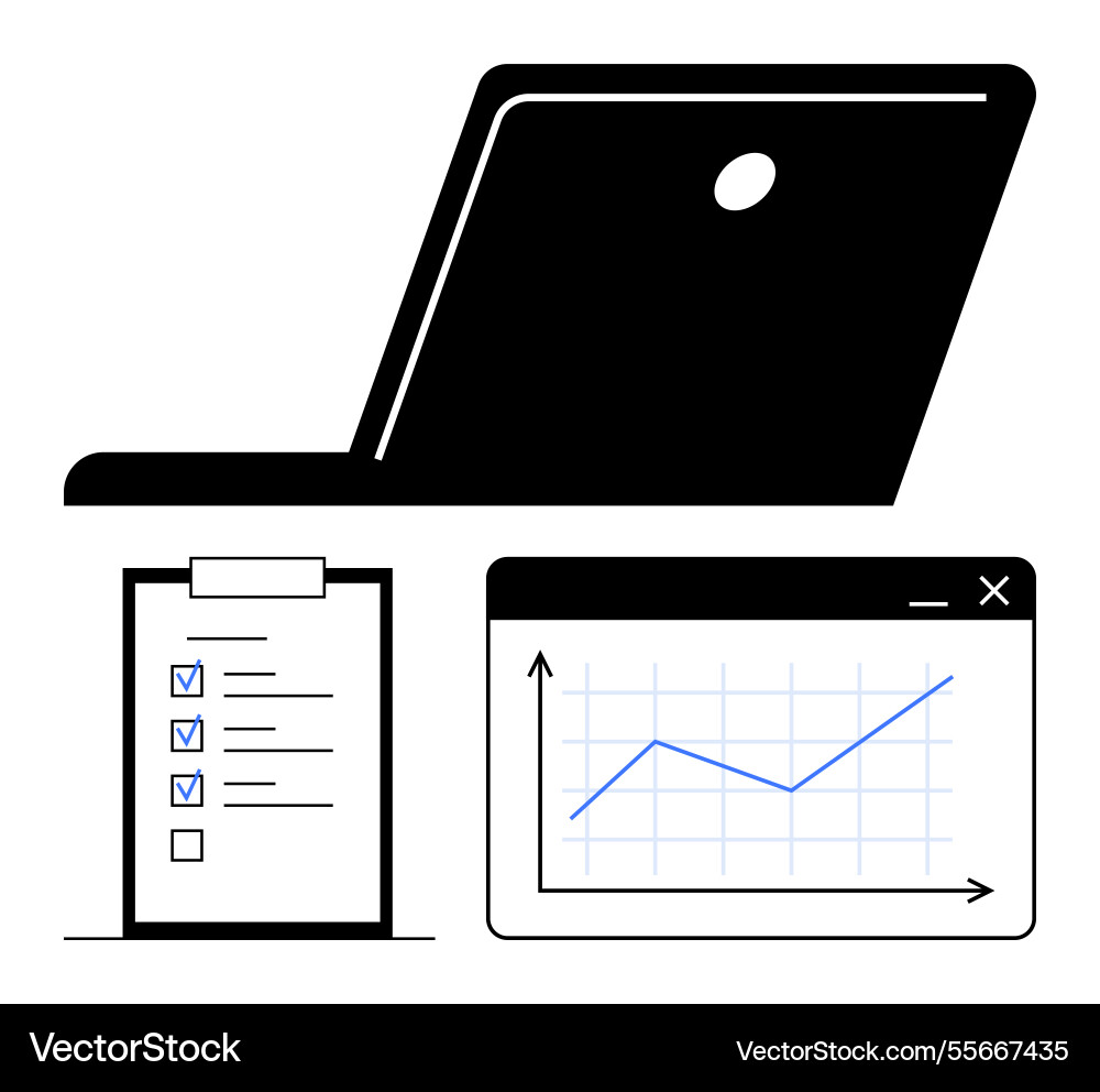 Laptop with checklist and line graph window Laptop with checklist and line graph window vector image