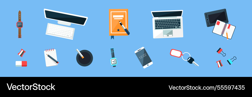 Office object and business workflow items on blue Office object and business workflow items on blue Vector Image