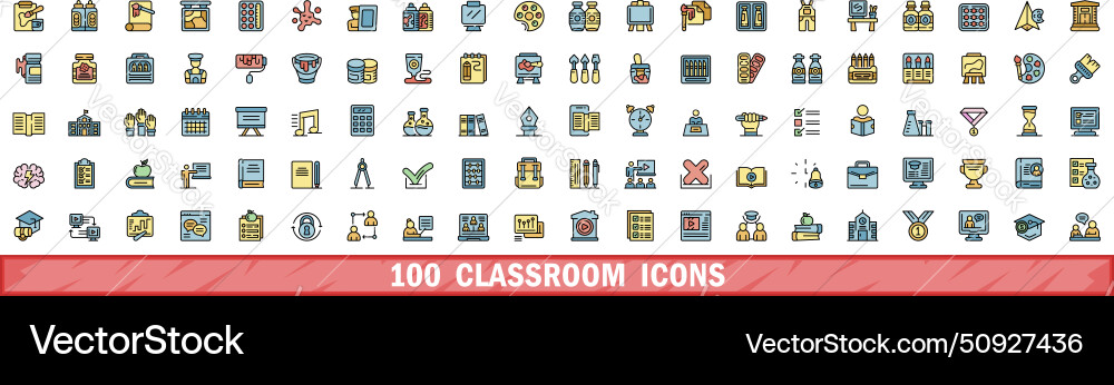 100 classroom icons set color line style 100 classroom icons set color line style vector image