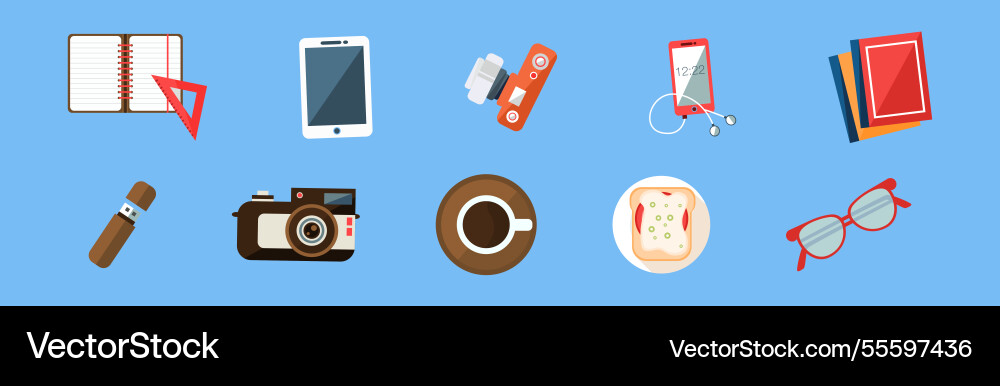 Office object and business workflow items on blue Vector Image