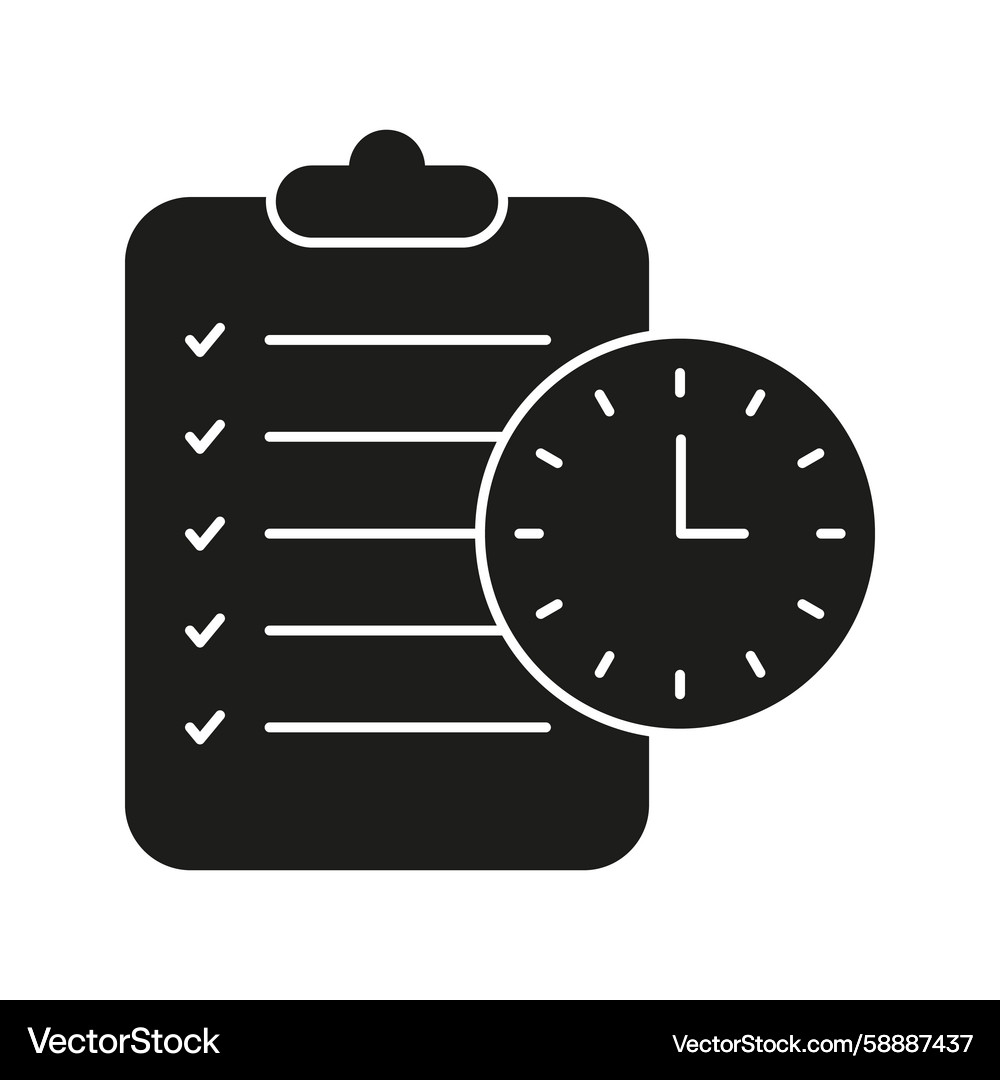Clipboard with clock solid icon task scheduling Clipboard with clock solid icon task scheduling Vector Image