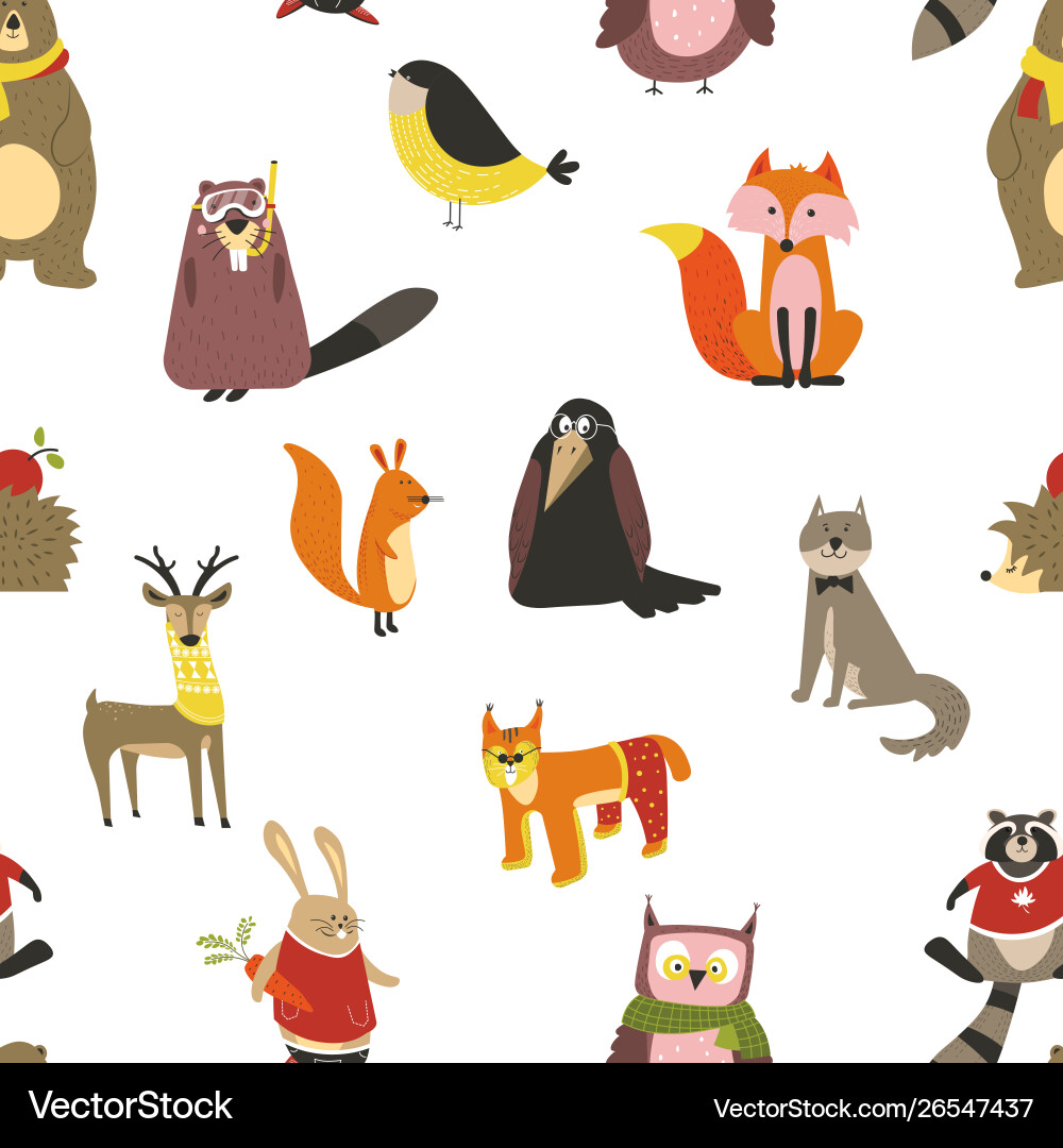 European Wildlife Pattern - Animals & Birds Vector Image