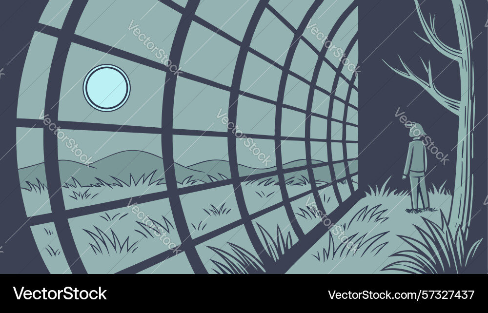 Individual walking into abstract grid tunnel vector image
