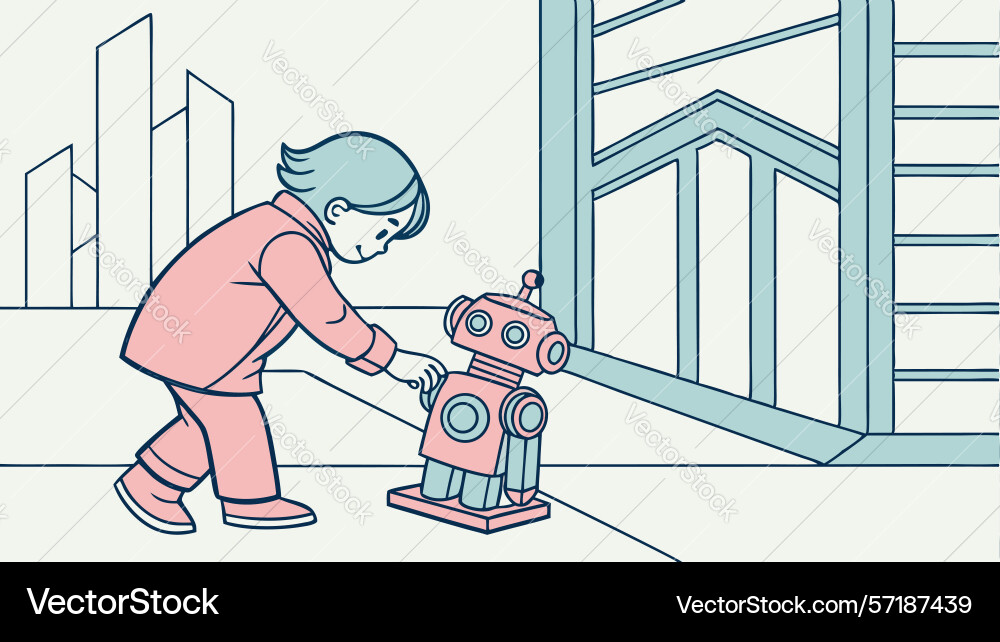 Child interacts with friendly robot exploring vector image