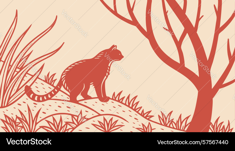 Red feline in sparse landscape with abstract tree Vector Image