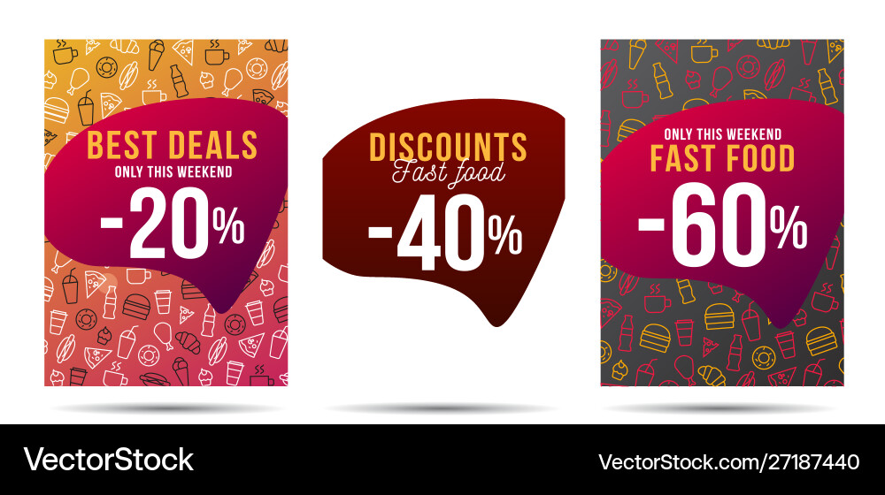 Set flyers with fast food linear icons pattern Set flyers with fast food linear icons pattern vector image