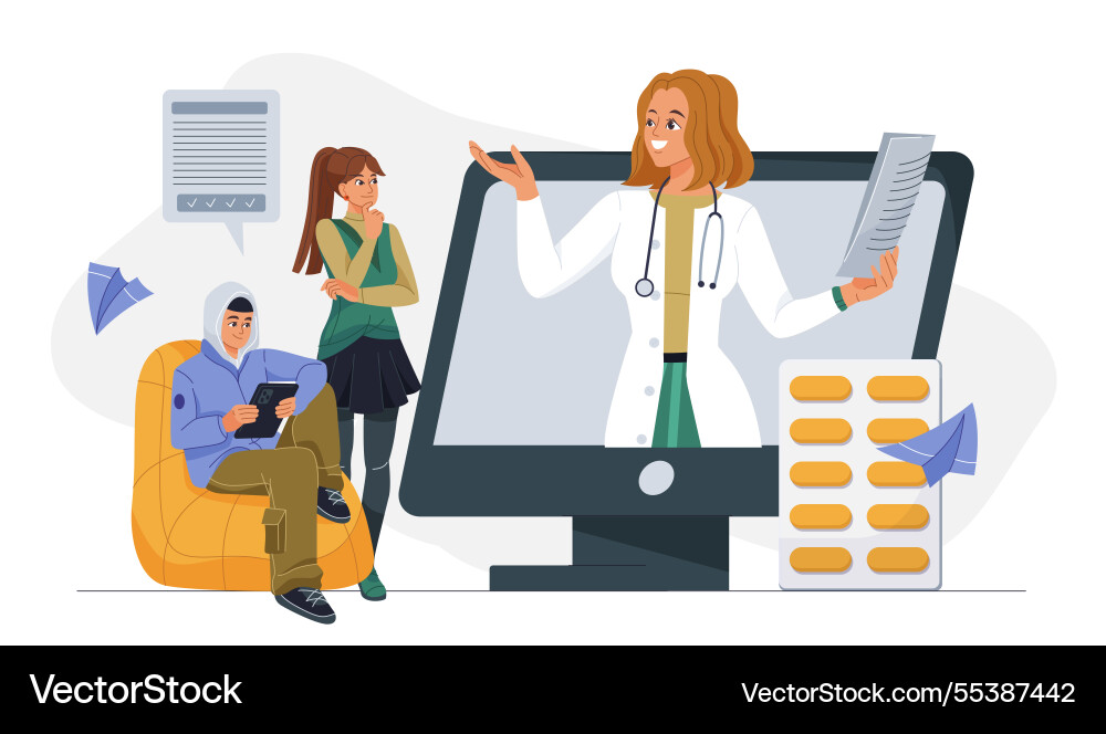 Family doctor online woman in medical uniform Family doctor online woman in medical uniform vector image