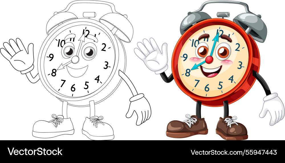 A vibrant of smiling clock character featuring A vibrant of smiling clock character featuring vector image