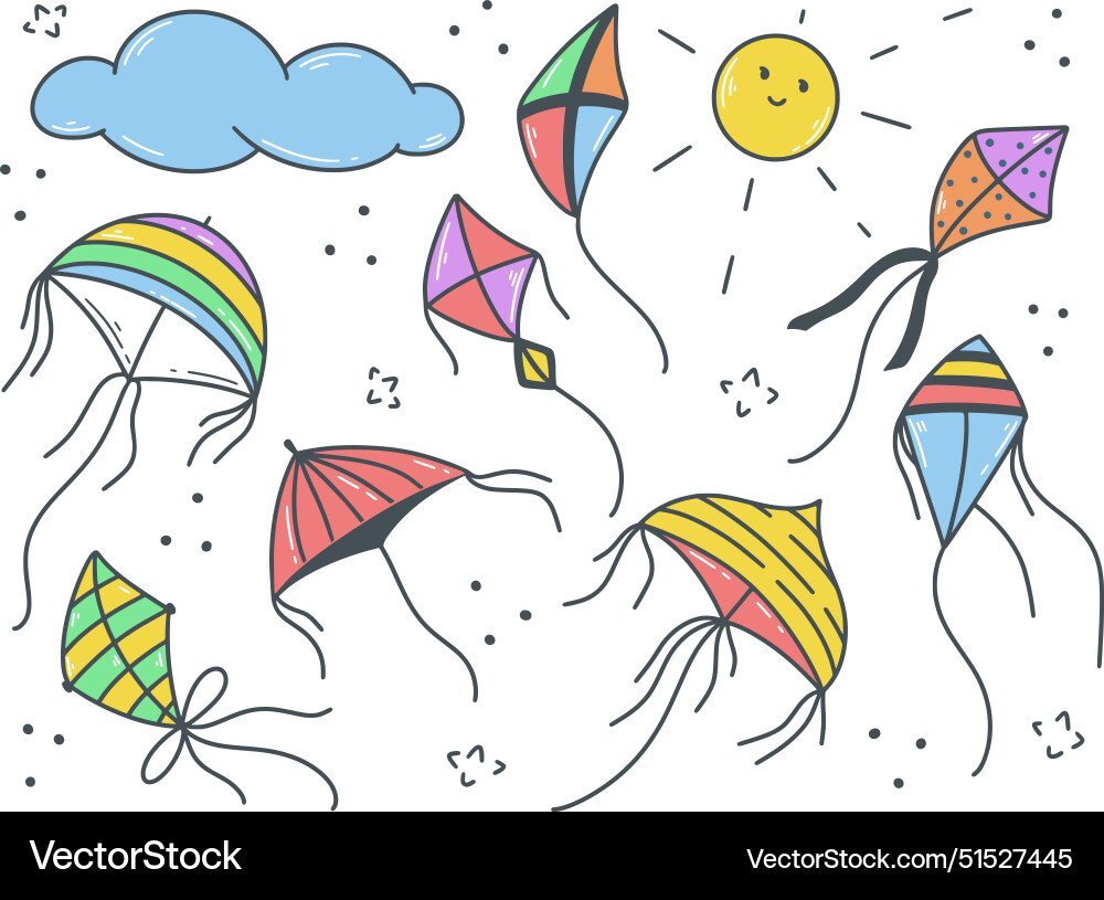 Kites of various colors and shapes doodle set Kites of various colors and shapes doodle set vector image