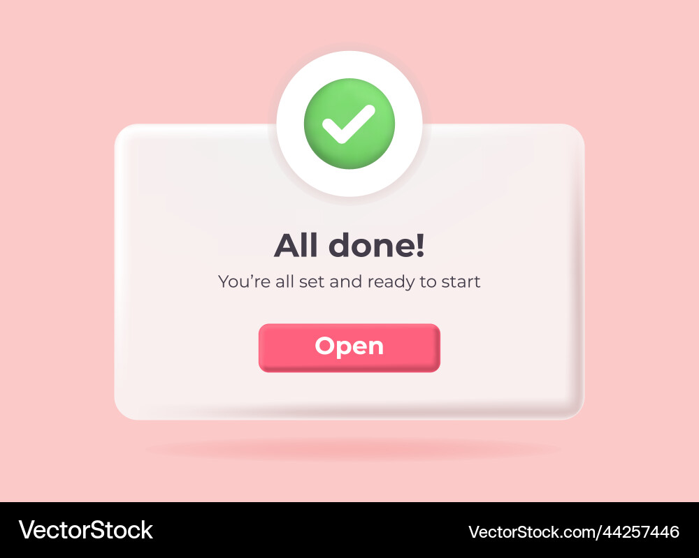 3d success tick popup page with floating elements vector image