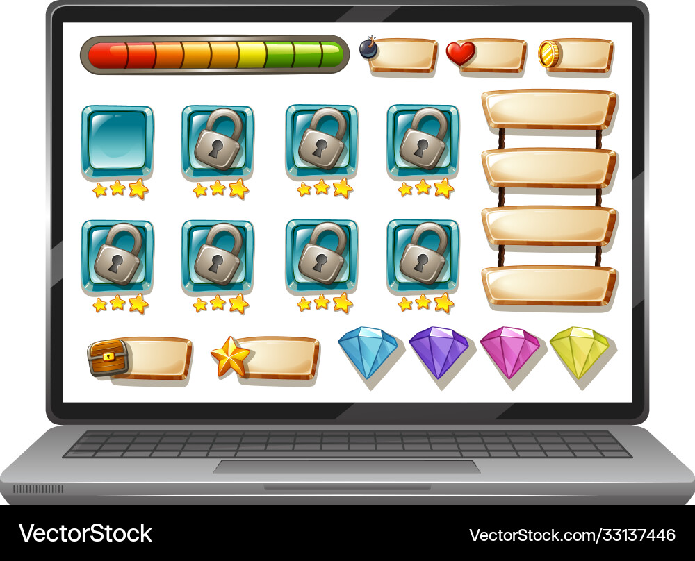 Set icon buttons in game isolated on laptop screen Set icon buttons in game isolated on laptop screen vector image