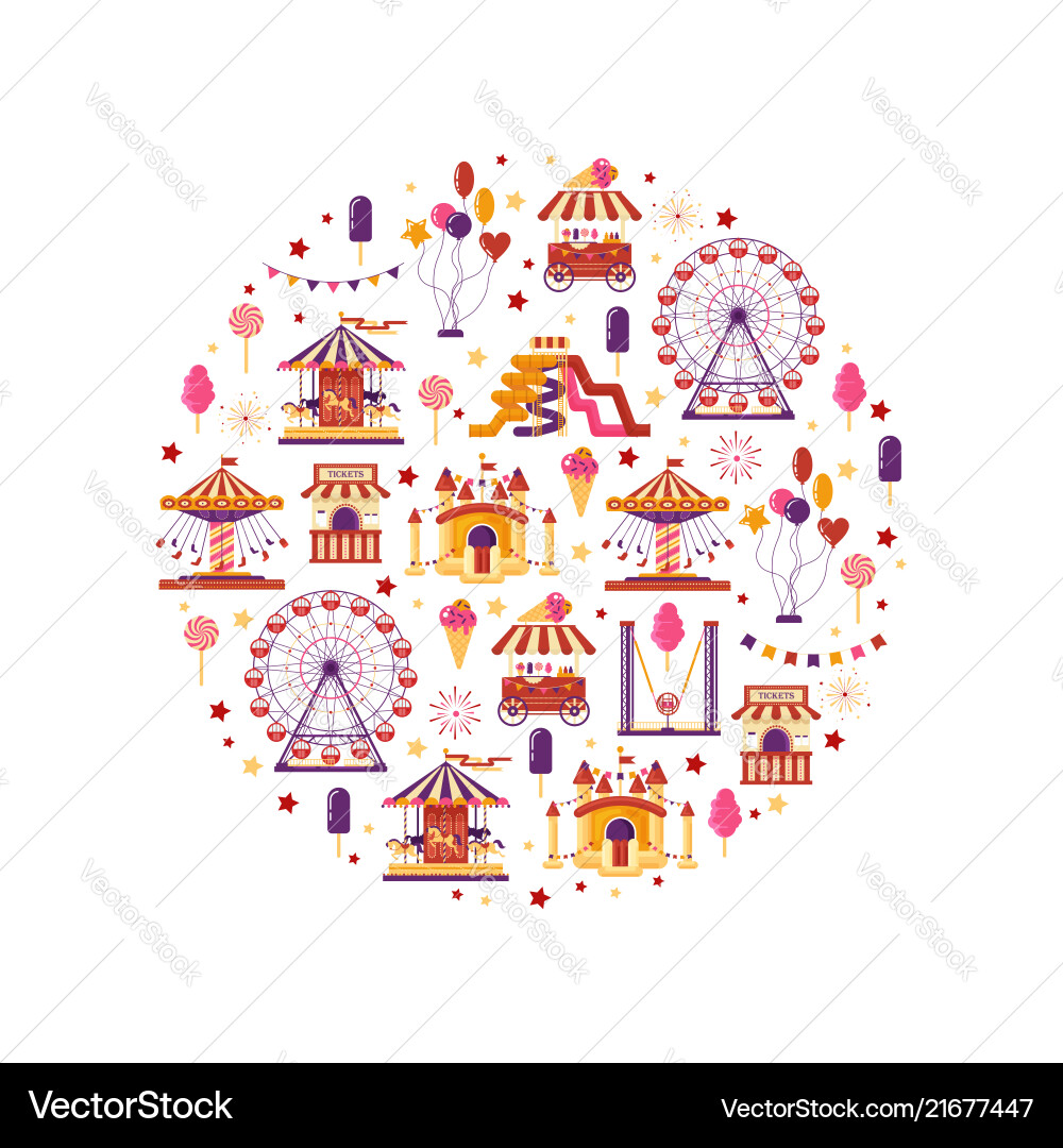 Amusement park flat elements in circle Royalty Free Vector