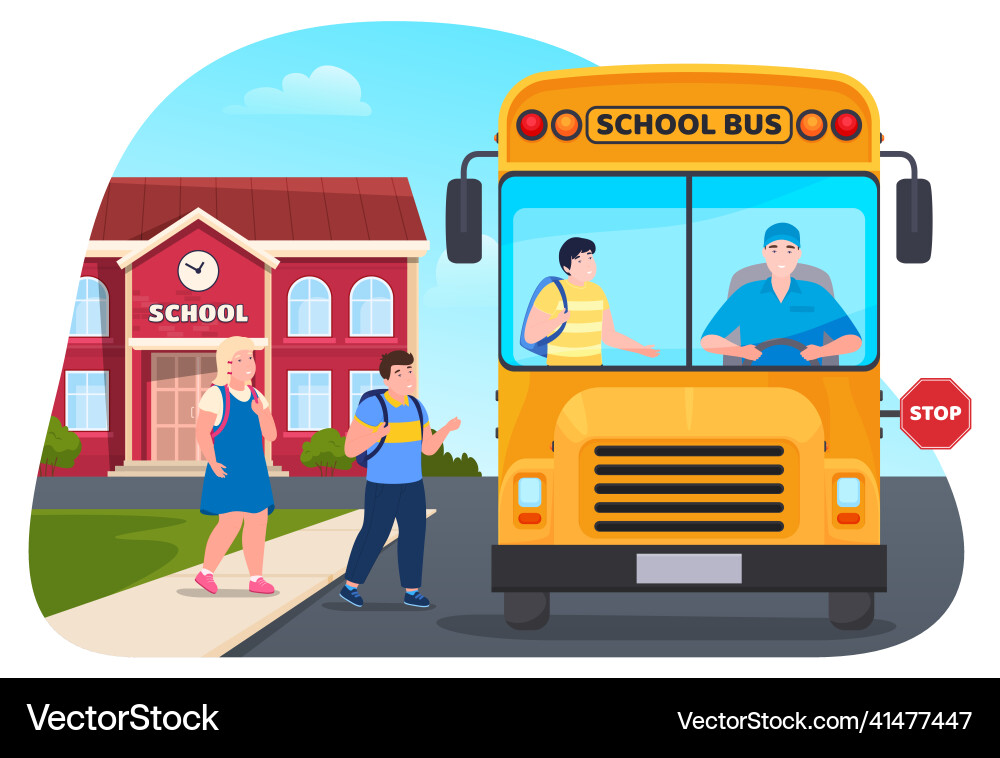 Children get on in yellow bus after school Children get on in yellow bus after school vector image