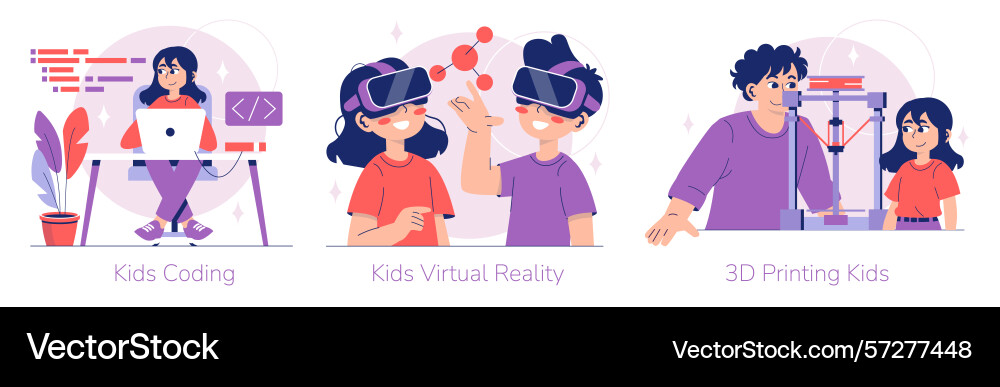 Kids exploring coding virtual reality and 3d vector image