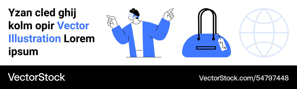 Man pointing at text and bag beside globe outline Vector Image