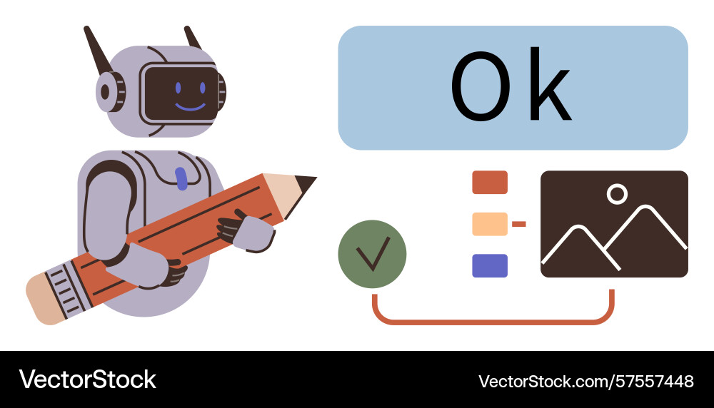 Robot with pencil creates content visual elements Robot with pencil creates content visual elements vector image
